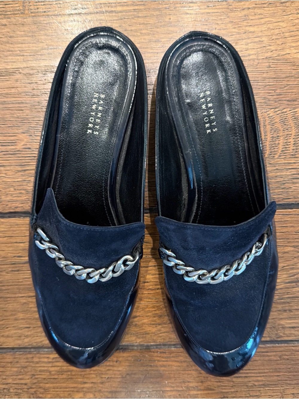 Barneys New York Navy Suede Chain-Trim Slip-On Mules